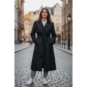 Anthonys Black Full Length Belted Trench Coat Women's Size 14 Removable Liner